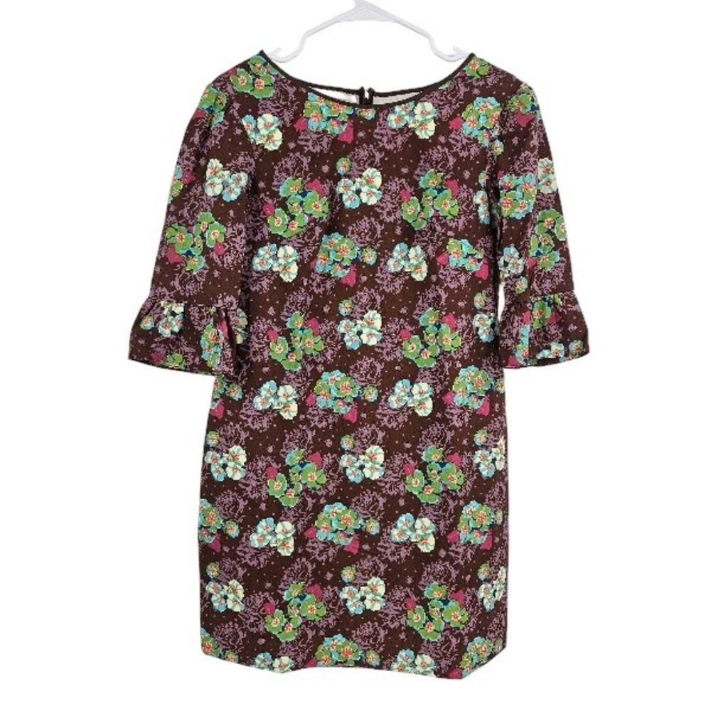 Vintage Womens 70s Mini Dress Brown Floral Ruffles Mod Flared 3/4 Sleeves Sz XS